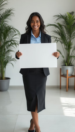 Confident businesswoman holding a blank signの素材