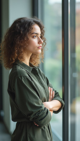 Contemplative woman gazing out the windowの素材