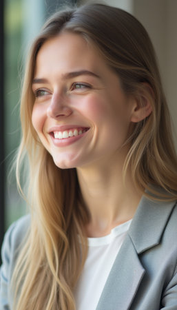 Smiling woman in a professional settingの素材