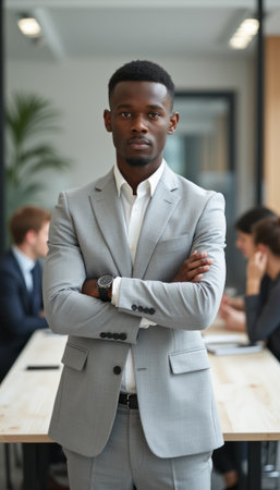 Confident businessman in a modern office settingの素材
