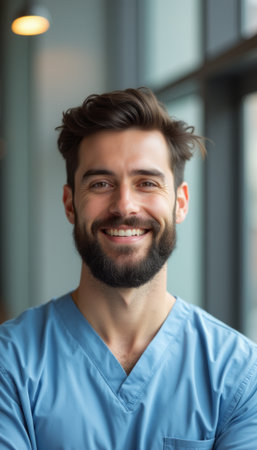 Smiling male nurse in scrubs radiating positivityの素材