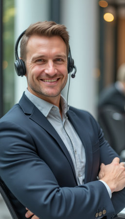 Confident man in headset smiling at the officeの素材