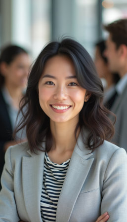 Confident young woman smiling in a professional settingの素材