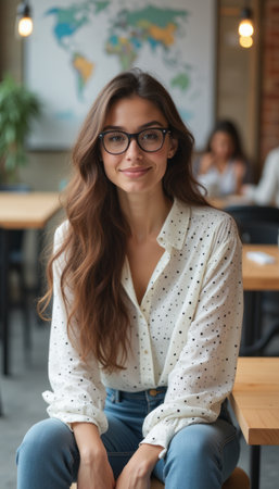 Confident woman with glasses smiling in a cozy cafÃ©の素材