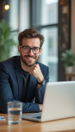 Confident young man smiling at his laptop in a modern workspaceの素材