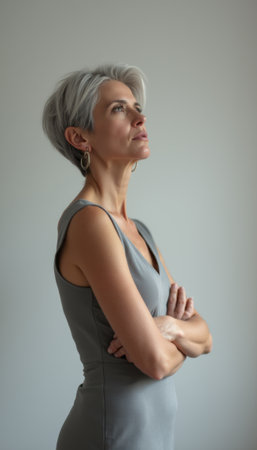 Confident woman with silver hair gazing thoughtfullyの素材
