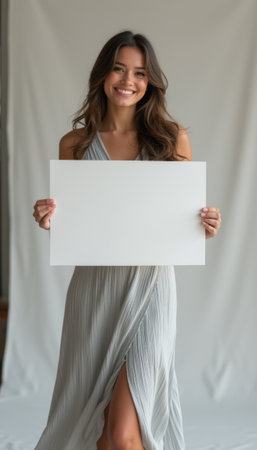 Smiling woman holding a blank signの素材