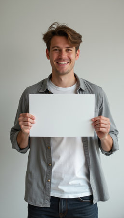 Smiling young man holding a blank white sheetの素材