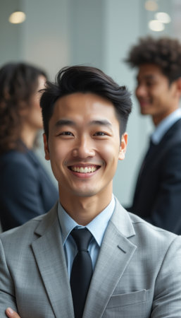 Confident young Asian businessman smiling in a professional settingの素材