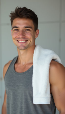 Smiling young man with a towel after workoutの素材