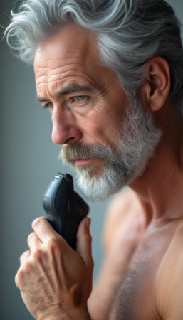 Thoughtful man with gray hair holding a shaverの素材
