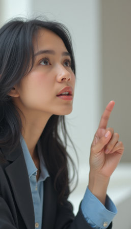 Thoughtful woman in business attire pointing upwardsの素材
