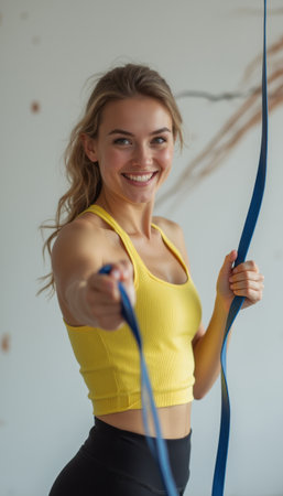 Cheerful woman exercising with resistance bandsの素材