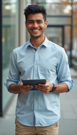 Smiling young man holding a tablet outdoorsの素材