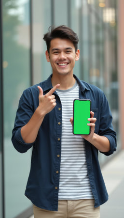 Cheerful young man showcasing a smartphone with a green screenの素材