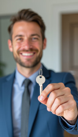 Smiling man holding house keysの素材