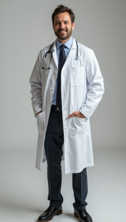 Confident male doctor in a white coat with a stethoscopeの素材