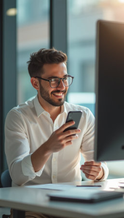 Smiling man in glasses using smartphone at modern office deskの素材