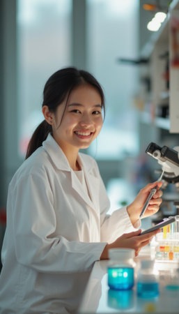 Smiling female scientist working in a laboratoryの素材