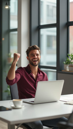 Joyful man celebrating success at his deskの素材