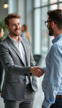 Two businessmen shaking hands in a bright officeの素材