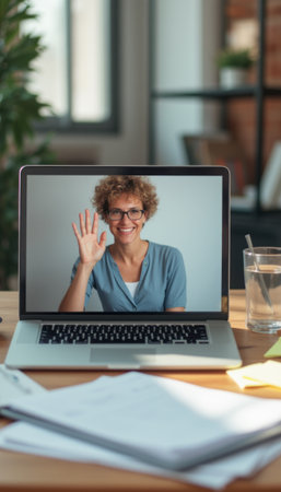 Cheerful woman waving during a video callの素材