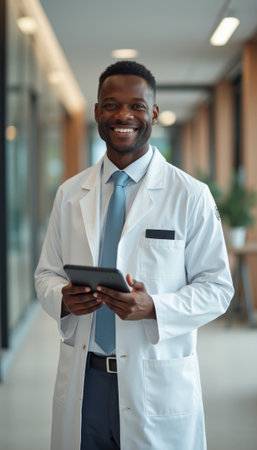Smiling doctor holding a tablet in a modern healthcare settingの素材