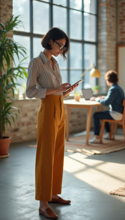 Woman in stylish outfit using smartphone in a bright officeの素材