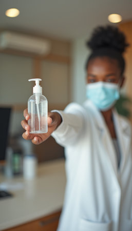 Healthcare professional showcasing hand sanitizerの素材