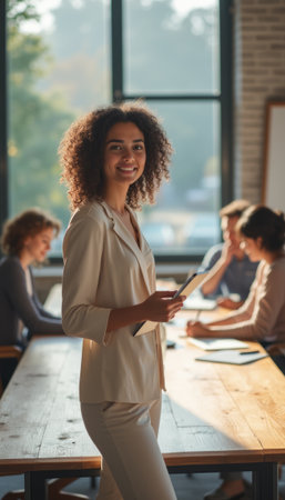 Confident woman leading a team meetingの素材