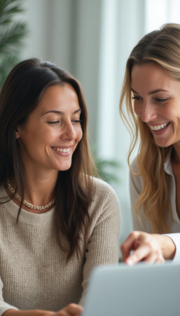 Two women sharing a joyful moment while working on a laptopの素材