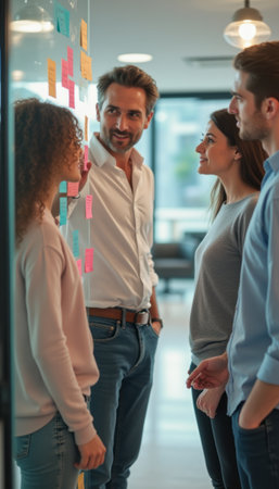 Team brainstorming session with sticky notesの素材