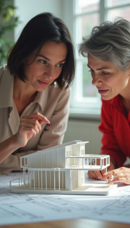 Two women collaborating on architectural model designの素材