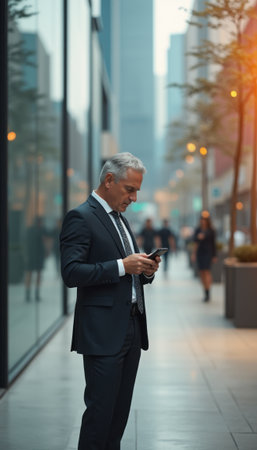 Confident businessman checking his phone in a modern urban settingの素材