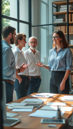 Engaging team meeting in a modern officeの素材