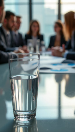 Focused glass of water in a business meetingの素材