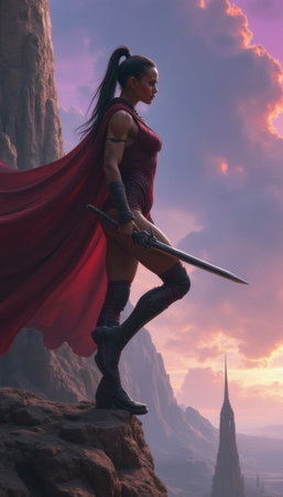 Fierce warrior woman standing against a dramatic sunsetの素材