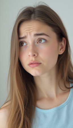 Pensive young woman with long hair gazing thoughtfullyの素材