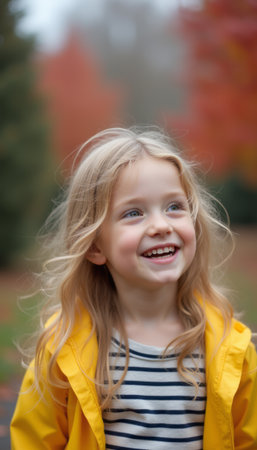 Joyful girl in a yellow raincoat smiling amidst autumn colorsの素材