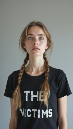Young woman with braids wearing a shirt that says \"THE VICTIMS\"の素材