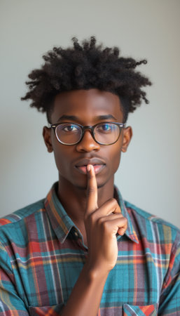 Young man with glasses making a shushing gestureの素材