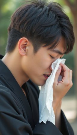 Young man in traditional attire wiping tearsの素材