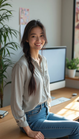 Cheerful young woman smiling in a cozy workspaceの素材
