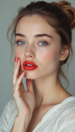 Stunning woman with striking blue eyes and bold red lipsの素材