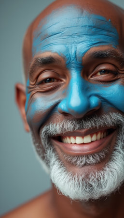 Joyful elderly man with blue face paintの素材