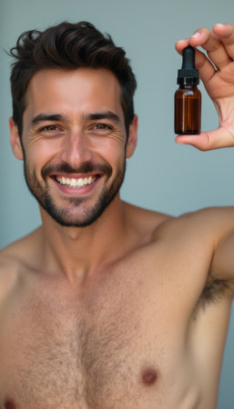 Smiling man showcasing a skincare serumの素材