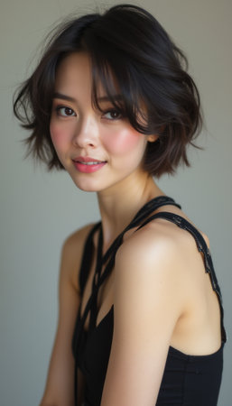 Elegant young woman with short hair and soft makeupの素材