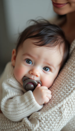 Adorable baby with big blue eyes cuddled in a cozy sweaterの素材
