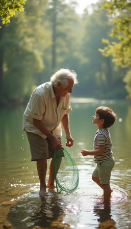 Grandfather and grandson fishing together in a serene riverの素材