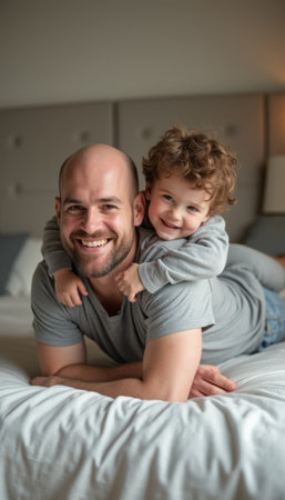 Joyful father and son sharing a playful momentの素材